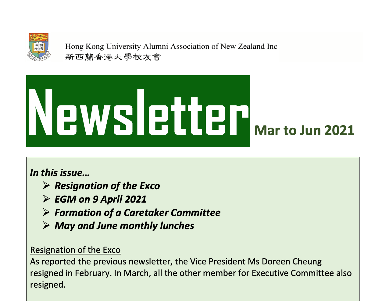 HKU Alumni Association of New Zealand Newsletter | Mar – Jun 2021