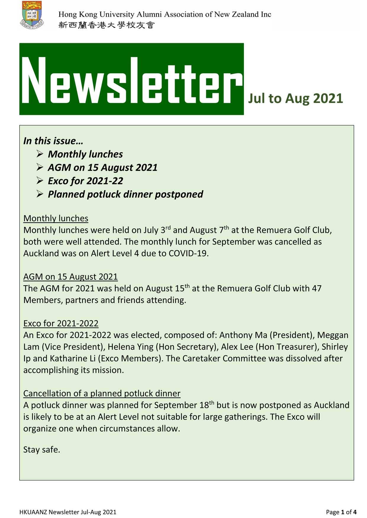 HKUAA of New Zealand Newsletter | Jul – Aug 2021