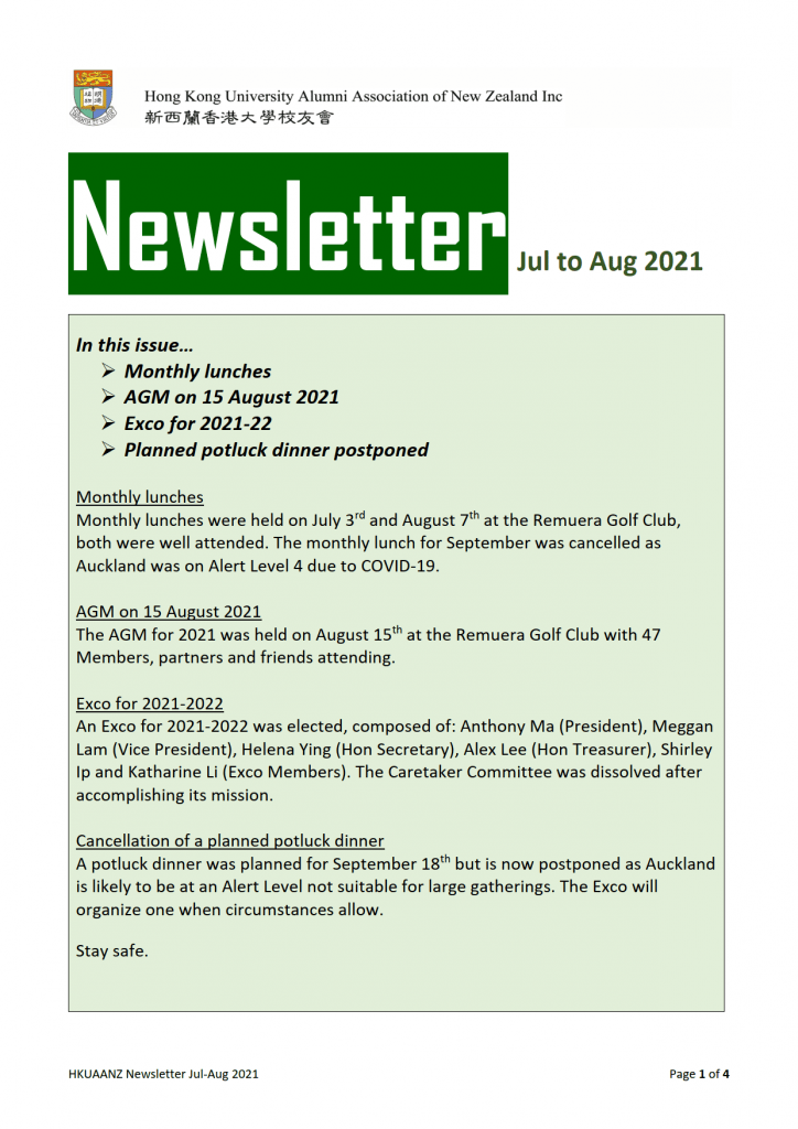 HKUAA of New Zealand Newsletter | Jul - Aug 2021