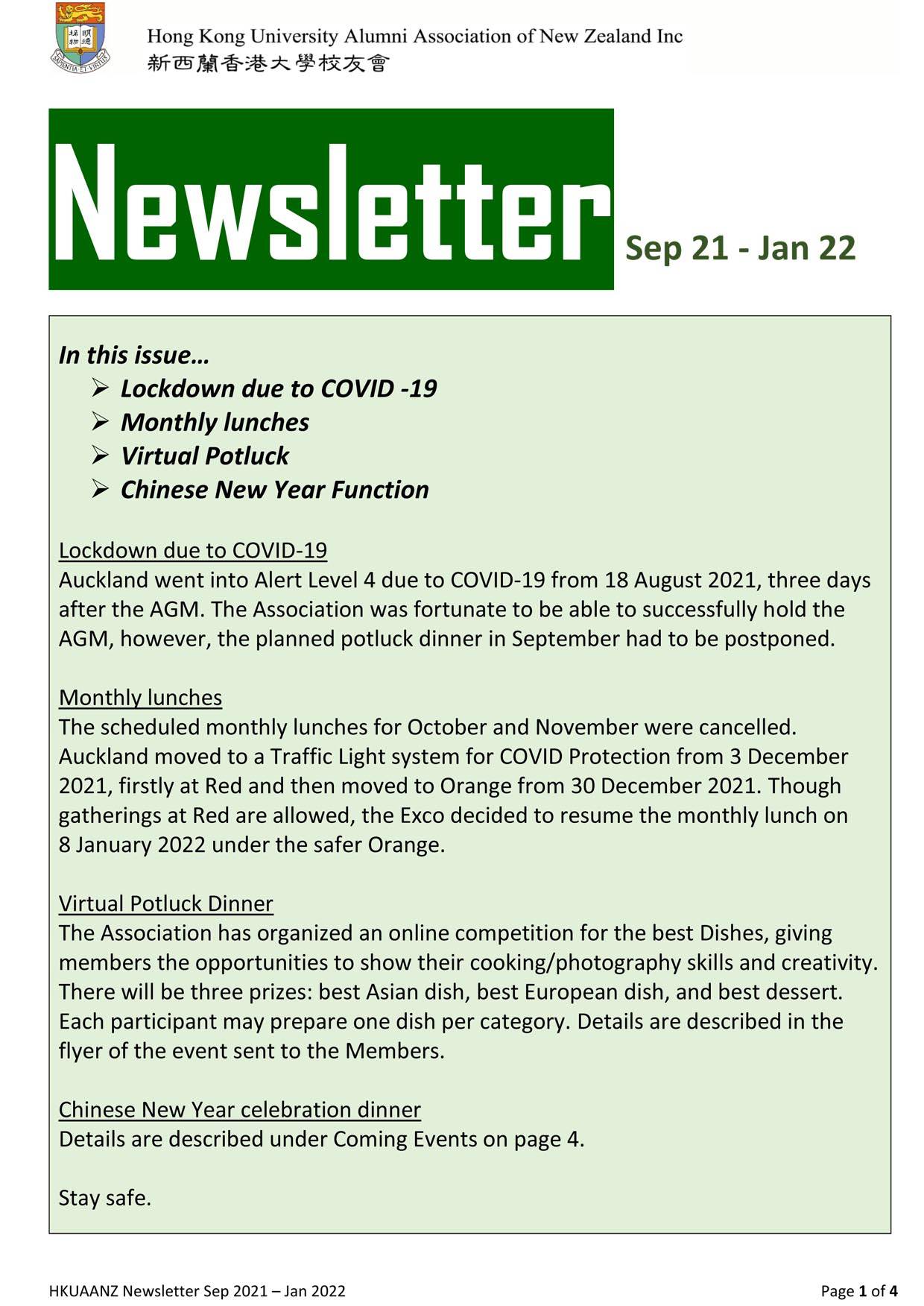 HKUAA of New Zealand Newsletter | Sep 21 – Jan 22